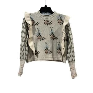 Sunday Up Floral Heart Ruffle Crewneck Knit Sweater Women’s Medium Cider